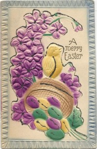 This heavily embossed card, made in Germany, is covered with forget-me-nots and a chick perched atop an overturned basket spilling out colored eggs.